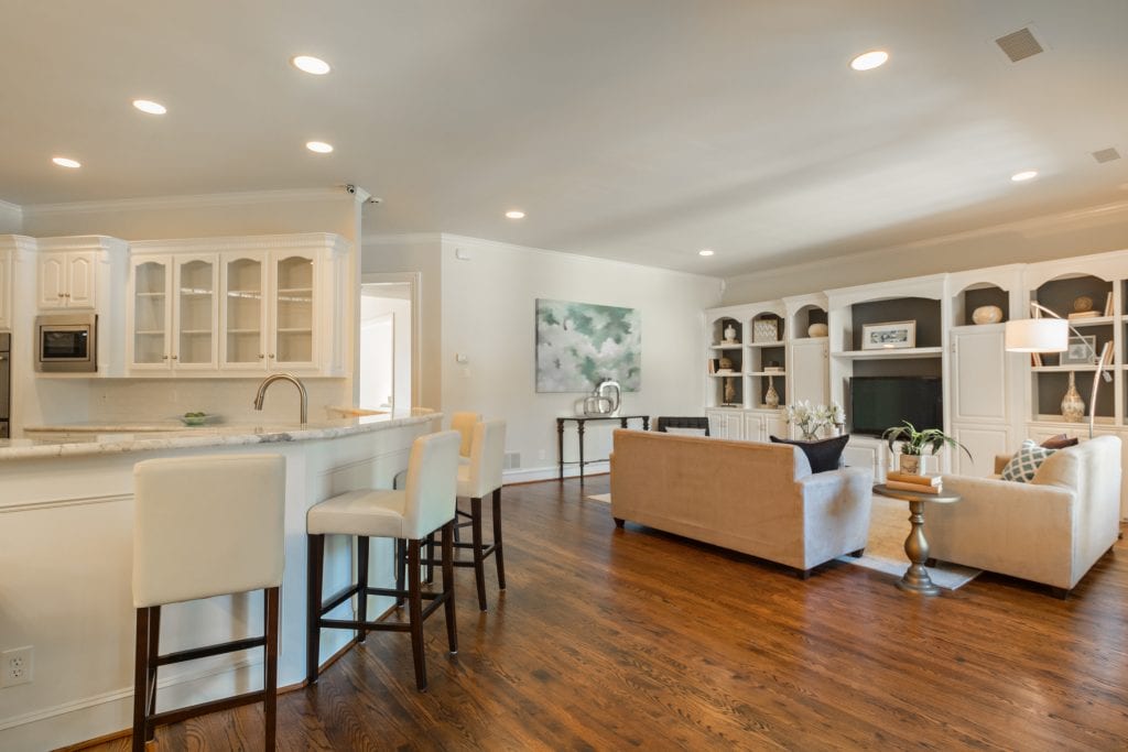 Design-by-Keti-Dallas-Texas-Renovations-Interior-Design-Home-Staging-Luxury-Family-Room-Kitchen-Wood-Flooring-Light-Sofa-Upholstered-Barstools-Highland-Park