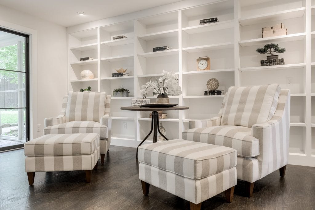 Design-by-Keti-Dallas-Texas-Renovations-Interior-Design-Home-Staging-Luxury-Seating-Area-Built-In-Shelving-Striped-Upholstery-Northwood-Hills