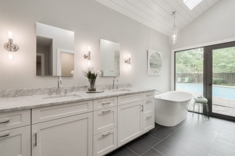 Design-by-Keti-Dallas-Texas-Renovations-Interior-Design-Home-Staging-Luxury-Bathroom-White-Vanity-Mirrors-Sconces-Large-Soaking-Tub-Dark-Flooring-Northwood-Hills