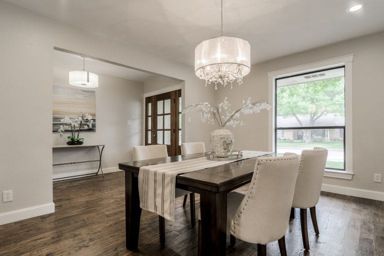 Design-by-Keti-Dallas-Texas-Renovations-Interior-Design-Home-Staging-Luxury-Dining-Room-Large-Table-Wood-Flooring-Upholstered-Chairs-Table-Runner-Modern-Light-Fixture-Richardson
