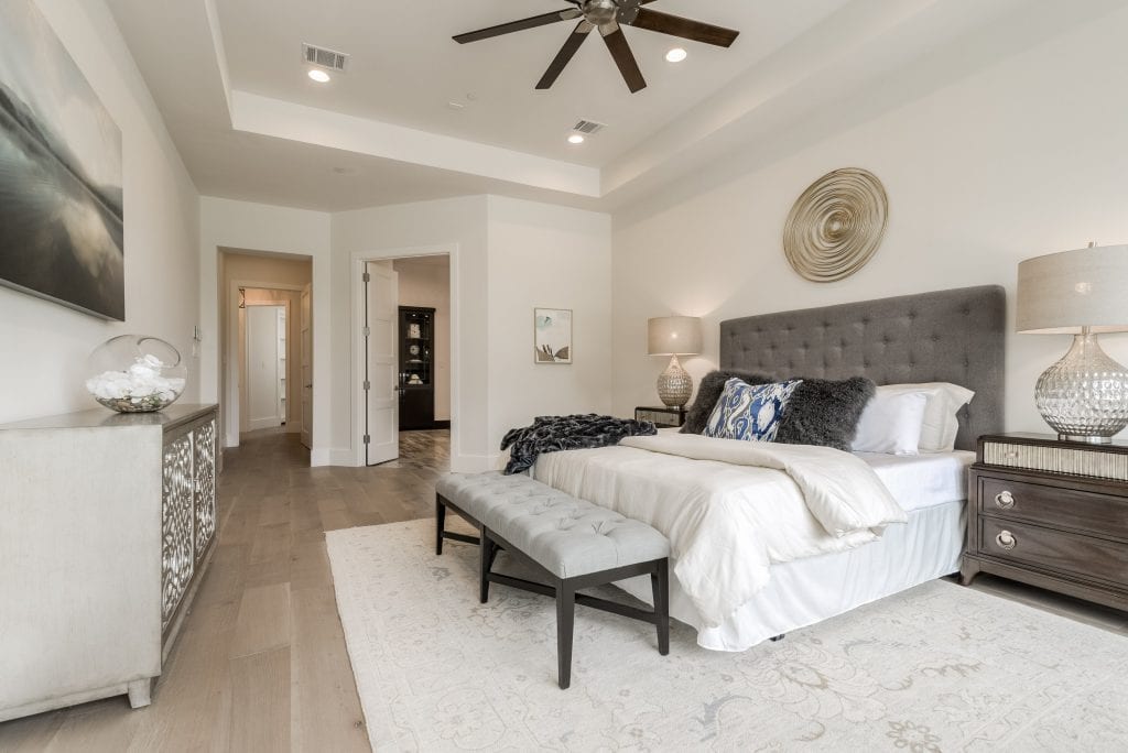 Design-by-Keti-Dallas-Texas-Renovations-Interior-Design-Home-Staging-Luxury-Bedroom-Upholstered-Headboard-Throw-Pillows-Bench-Area-Rug-Ceiling-Fan-Frisco