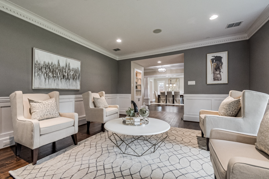 design by keti dallas home staging patterned rug white furniture art grey walls white trim stunning cost home staging