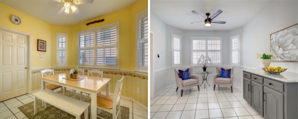 before and after updated listing in winterlake design by keti breakfast nook