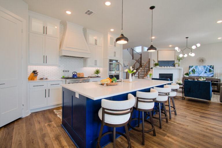 Design-by-Keti-Dallas-Texas-Renovations-Interior-Design-Luxury-Kitchen-Living-Room-White-Cabinetry-Blue-Island-Upholstered-Barstools-Backsplash-Lake-Highlands