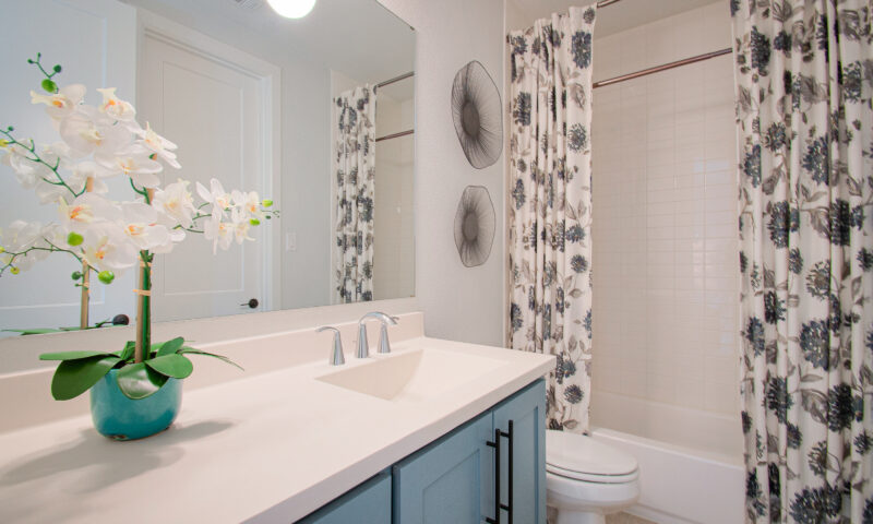 Design-by-Keti-Dallas-Texas-Renovations-Interior-Design-Luxury-Guest-Bathroom-Lake-Highlands-Blue-Vanity-Floral-Shower-Curtain
