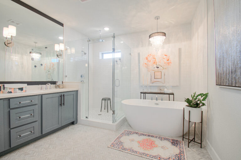Design-by-Keti-Dallas-Texas-Renovations-Interior-Design-Luxury-Bathroom-Soaking-Tub-Oversized-Artwork-Styled-Decor-Shower--Gray-Blue-Cabinetry-Lake-Highlands