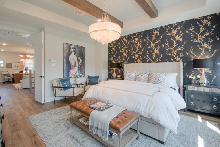 Design-by-Keti-Dallas-Texas-Renovations-Interior-Design-Luxury-Bedroom-Wallpaper-Accent-Wall-Upholstered-Headboard-Custom-Bedding-Seating-Lake-Highlands