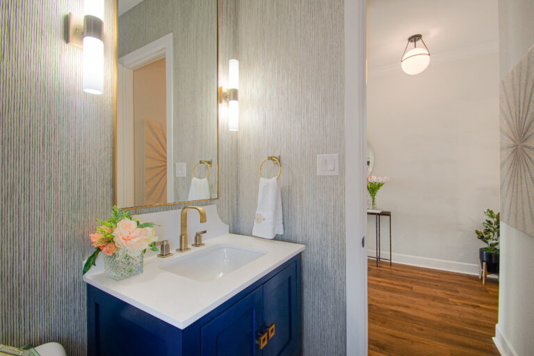 Design-by-Keti-Dallas-Texas-Renovations-Interior-Design-Luxury-Powder-Room-Blue-Vanity-Wallpaper-Lake-Highlands