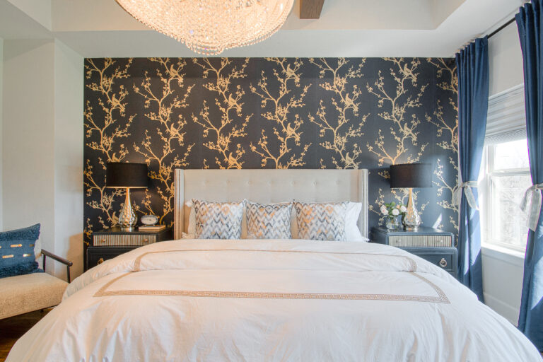 Design-by-Keti-Dallas-Texas-Renovations-Interior-Design-Luxury-Bedroom-Wallpaper-Accent-Wall-Upholstered-Headboard-Custom-Bedding-Lake-Highlands