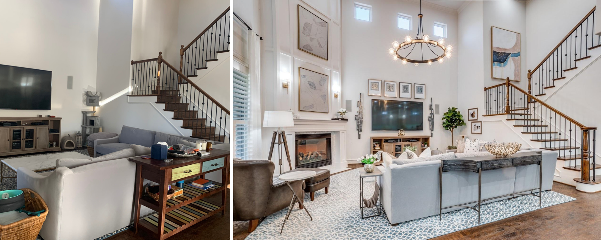 Before-and-after view of a Lakewood living room with updated paint, lighting and interior furnishings.