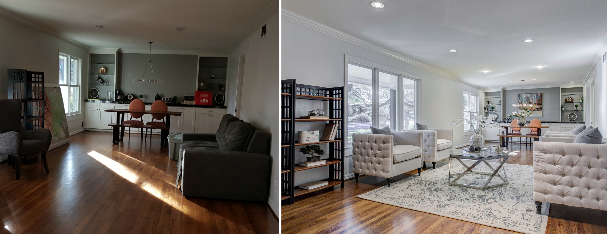 Before-and-after views of an occupied Lakewood home prepared for sale through make-ready improvements and interior styling.