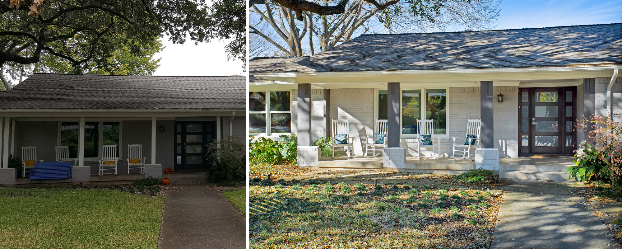 Before-and-after views of a Lakewood, Dallas home exterior transformed with a coordinated body, trim, shutter and front-door color palette.