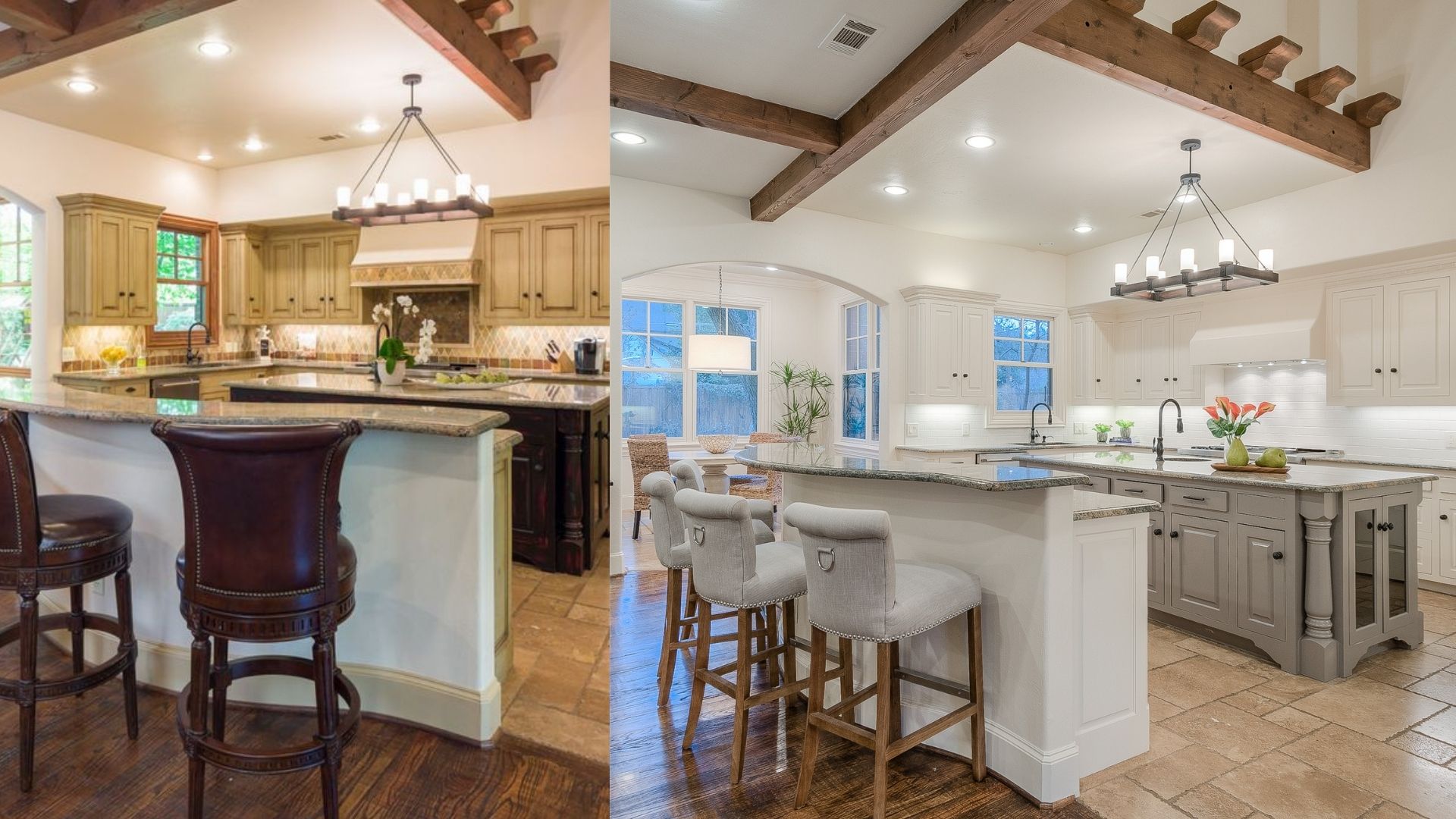 Before-and-after Dallas kitchen renovation featuring updated cabinetry, island and finishes