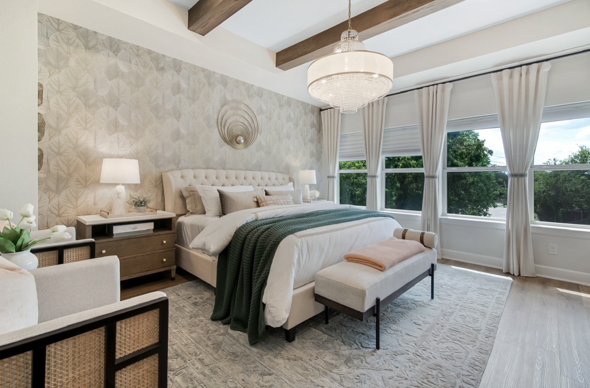 Primary bedroom design in Lake Highlands, Dallas, featuring layered neutrals, soft textures, and a calm, timeless aesthetic.