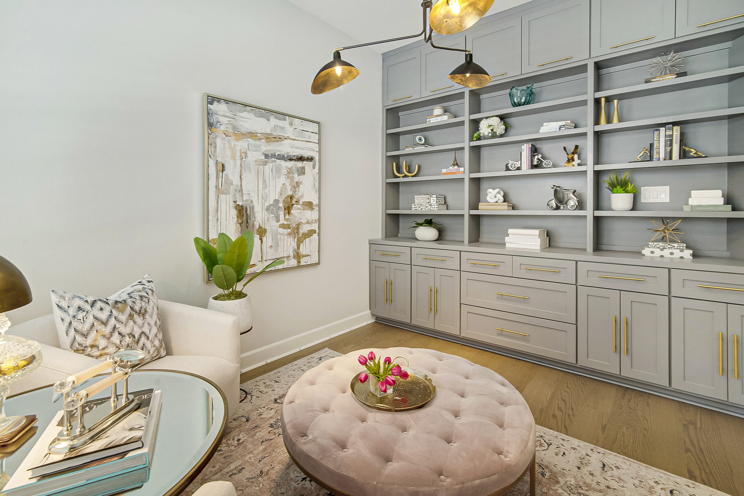 Custom living room design with built-in cabinetry and neutral furnishings