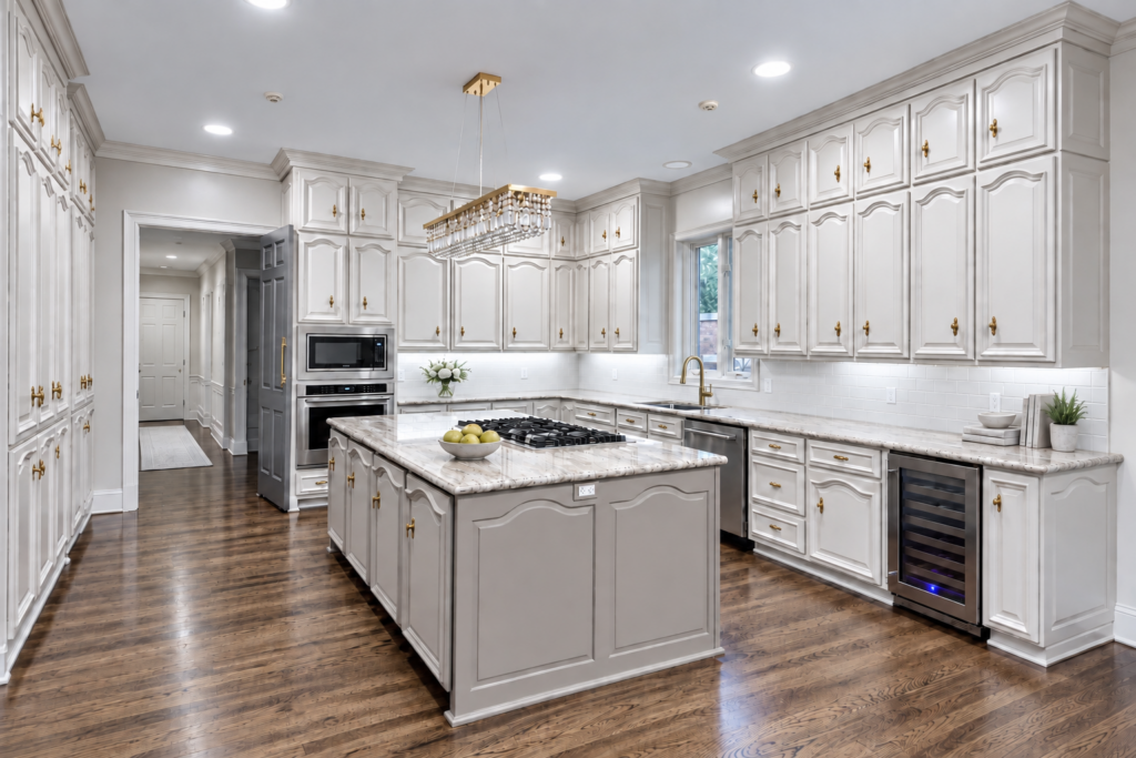 Finished Highland Park kitchen renovation with painted wood cabinetry, granite island, custom cooktop and updated lighting
