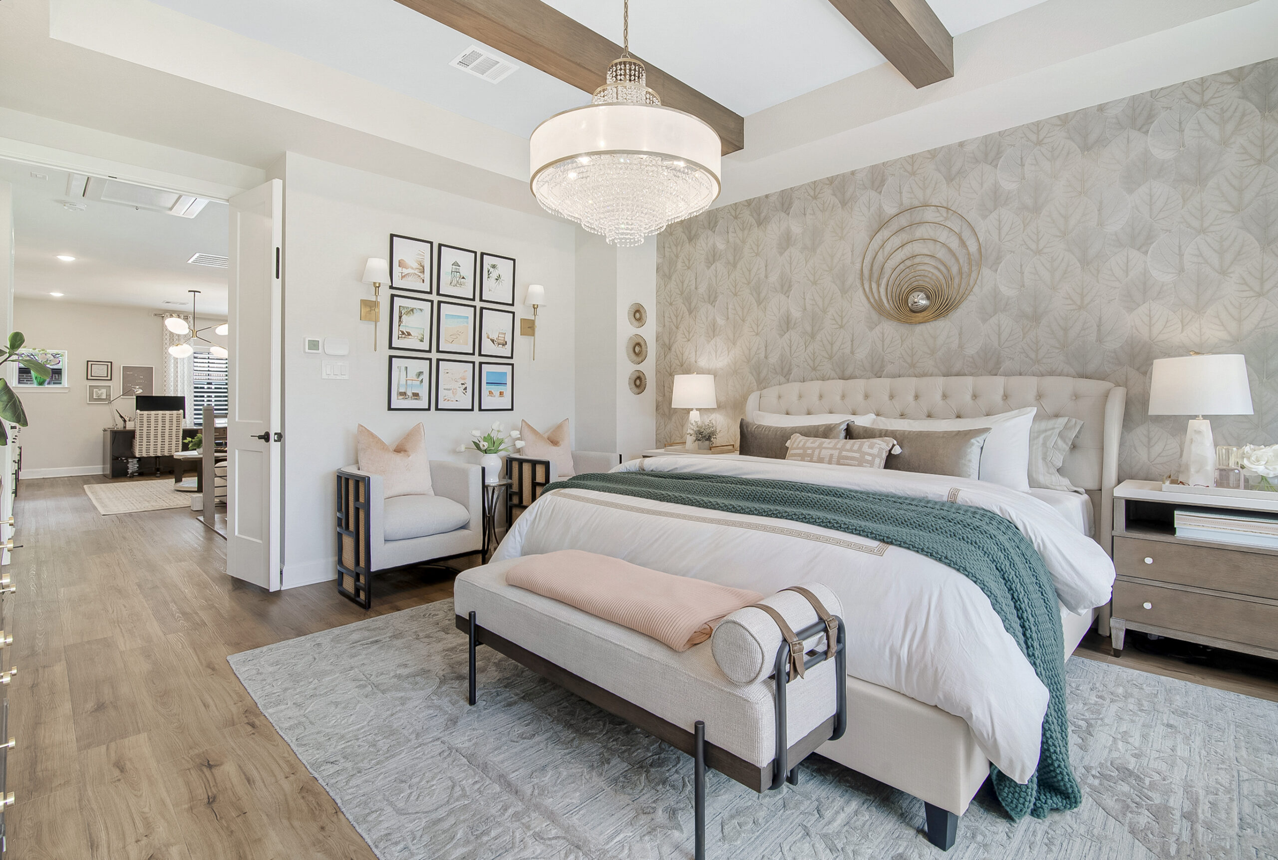 Dallas primary bedroom interior design with layered furnishings and soft finishes