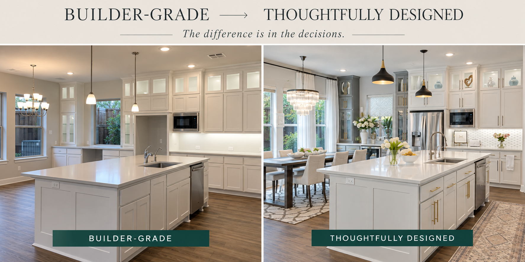 Before-and-after view of a Dallas builder-grade kitchen transformed with thoughtful interior design, updated lighting, custom styling, and refined finishes.