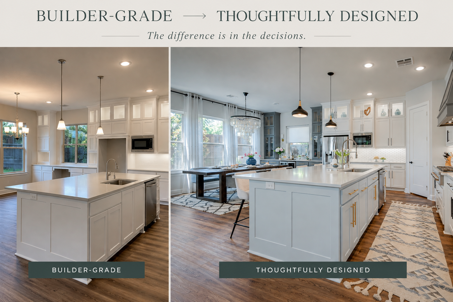 Builder-grade kitchen transformed with thoughtful interior design selections in a Dallas new construction home.
