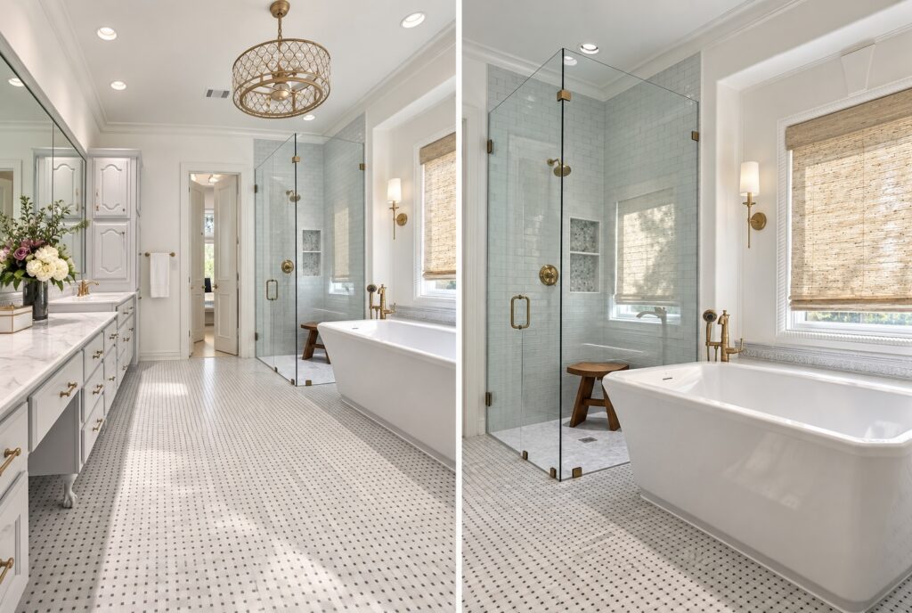 University Park primary bathroom renovation with freestanding tub, blue tile shower and custom vanity