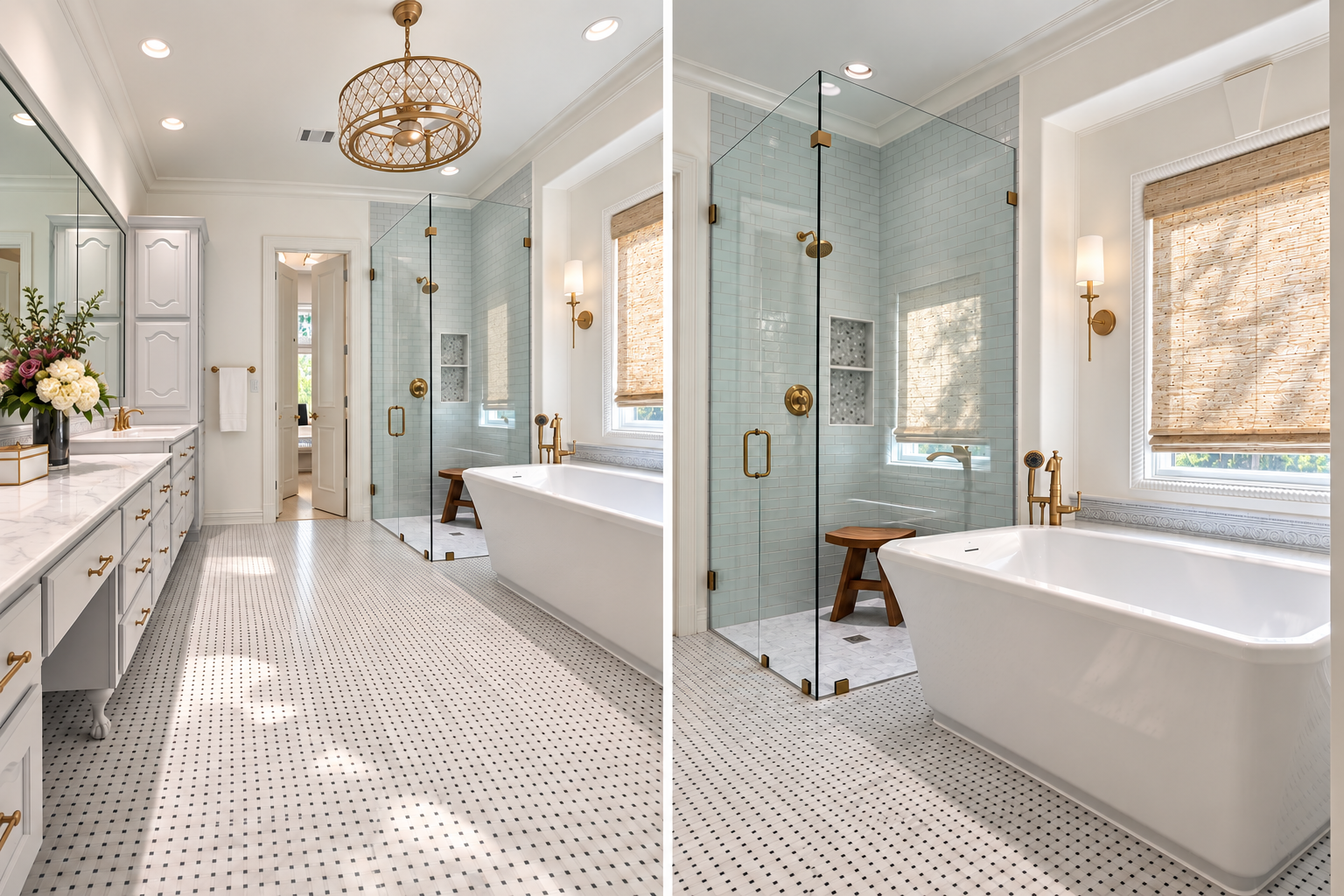 University Park primary bathroom renovation with freestanding tub, blue tile shower and custom vanity