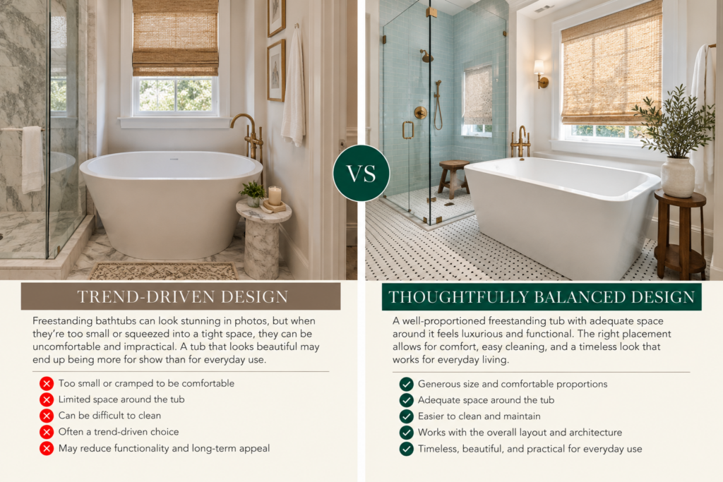 Side-by-side bathroom design infographic comparing a freestanding bathtub squeezed into a tight space with a well-proportioned freestanding tub and separate glass-enclosed shower.