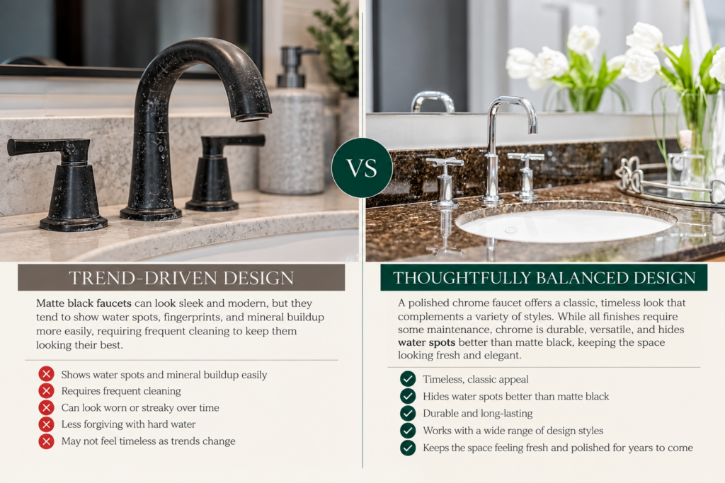 Side-by-side bathroom faucet comparison showing a matte black faucet with visible water spots and mineral deposits versus a polished chrome faucet in a Design by KETI bathroom.