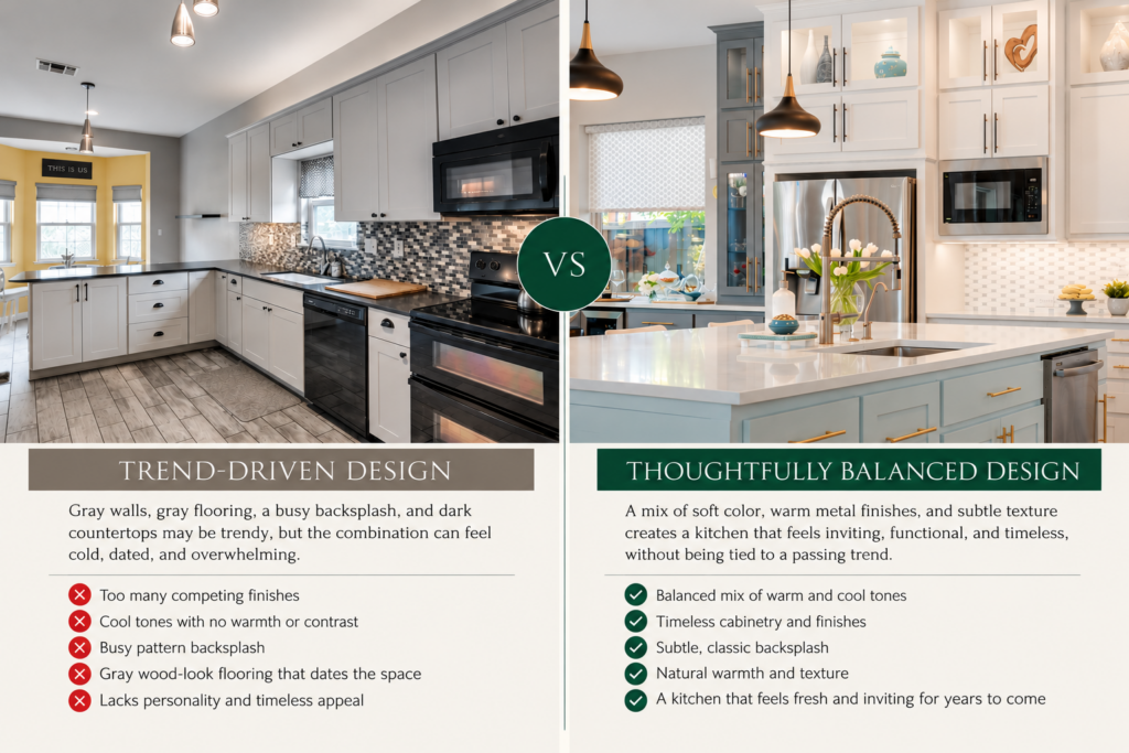 Side-by-side comparison of a gray kitchen with busy finishes and a balanced kitchen design by Design by KETI featuring blue-gray cabinetry, white cabinets, and warm brass accents.