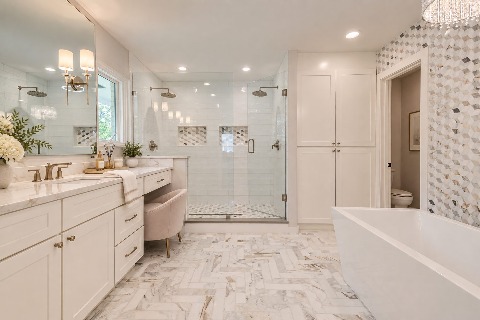 Elegant Preston Hollow primary bathroom renovation with a freestanding bathtub, custom vanity, and marble-look finishes in Dallas.